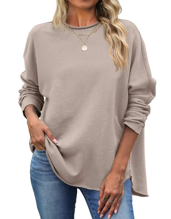 ANRABESS 2025 Fall Fashion Sweatshirt for Women Raw Edges Long Sleeve Shirts Crewneck Loose Fit Curve Hem Pullover Tops