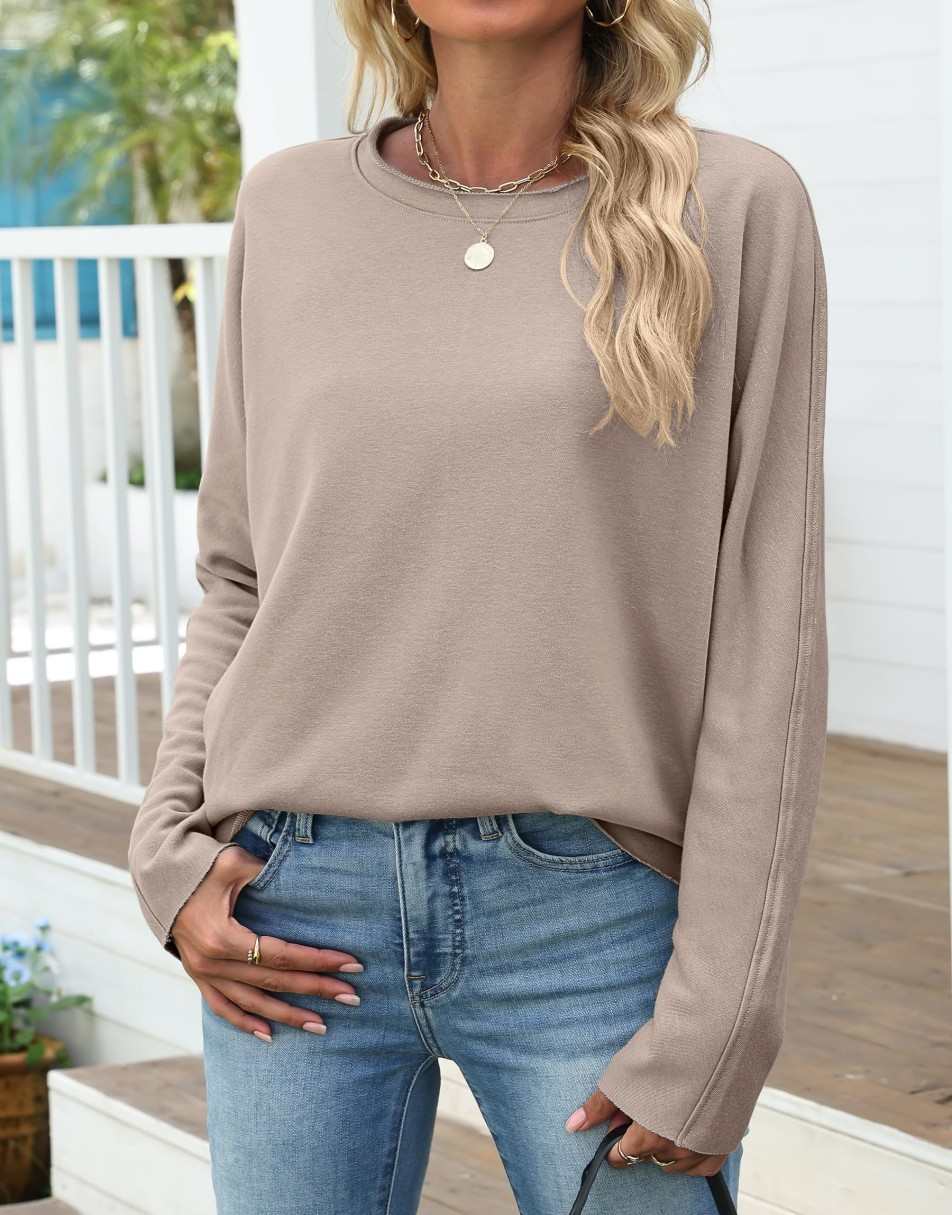 ANRABESS 2025 Fall Fashion Sweatshirt for Women Raw Edges Long Sleeve Shirts Crewneck Loose Fit Curve Hem Pullover Tops