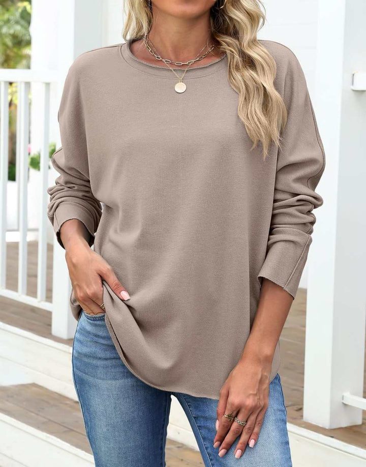 ANRABESS 2025 Fall Fashion Sweatshirt for Women Raw Edges Long Sleeve Shirts Crewneck Loose Fit Curve Hem Pullover Tops