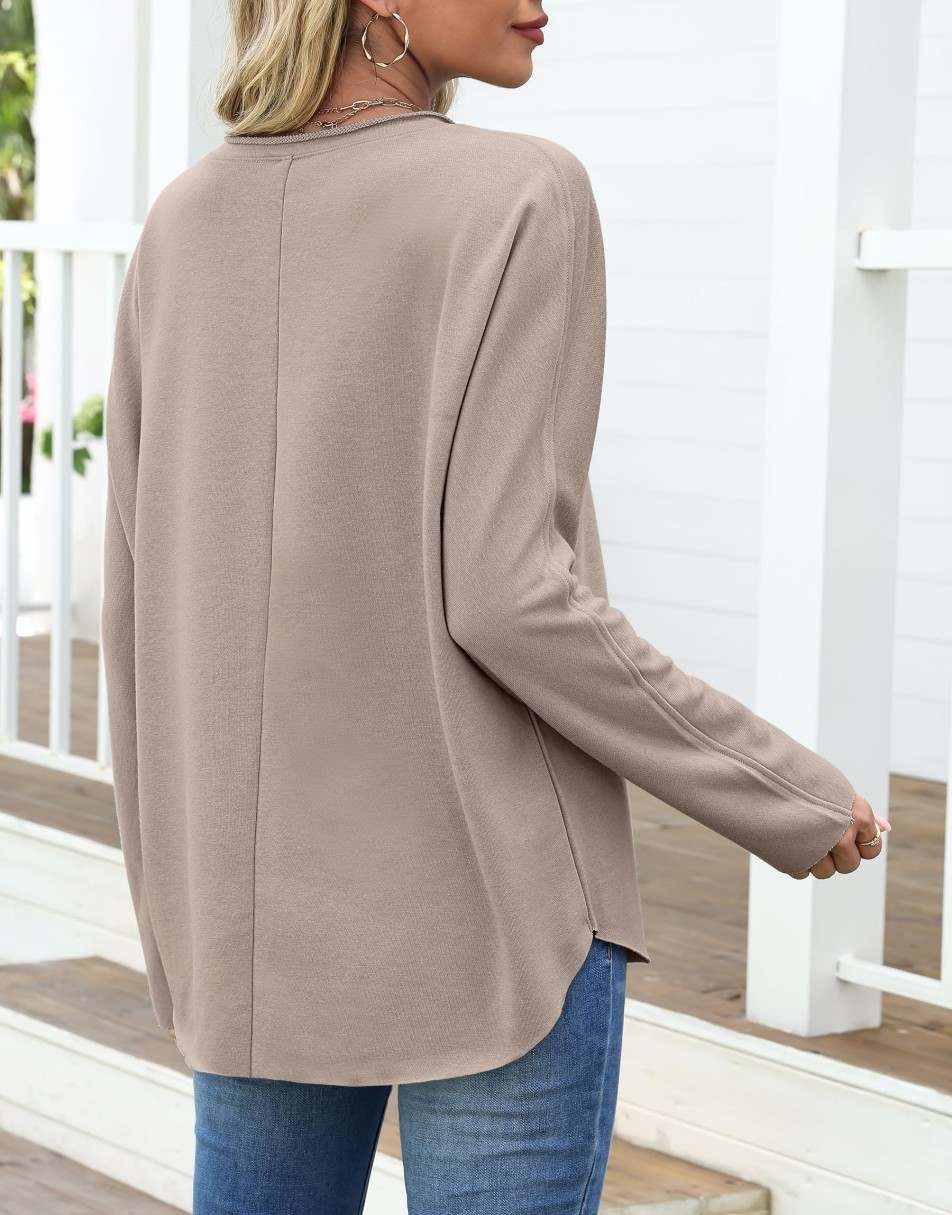 ANRABESS 2025 Fall Fashion Sweatshirt for Women Raw Edges Long Sleeve Shirts Crewneck Loose Fit Curve Hem Pullover Tops