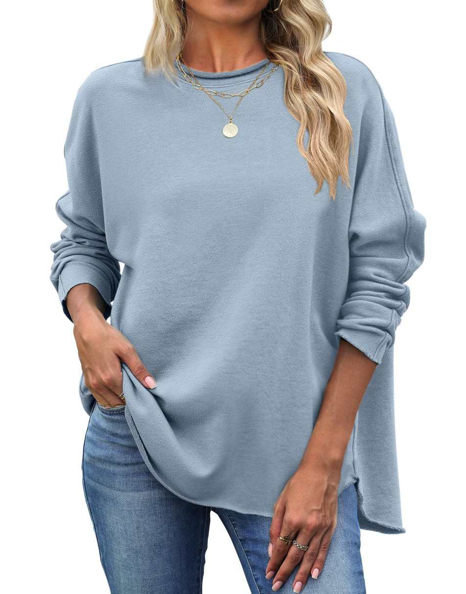 ANRABESS 2025 Fall Fashion Sweatshirt for Women Raw Edges Long Sleeve Shirts Crewneck Loose Fit Curve Hem Pullover Tops