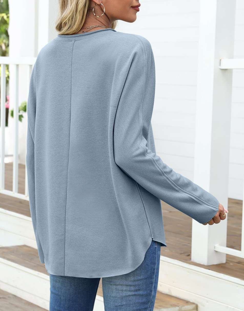 ANRABESS 2025 Fall Fashion Sweatshirt for Women Raw Edges Long Sleeve Shirts Crewneck Loose Fit Curve Hem Pullover Tops