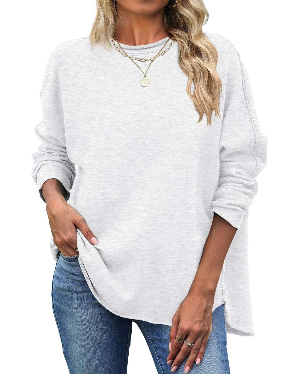 ANRABESS 2025 Fall Fashion Sweatshirt for Women Raw Edges Long Sleeve Shirts Crewneck Loose Fit Curve Hem Pullover Tops