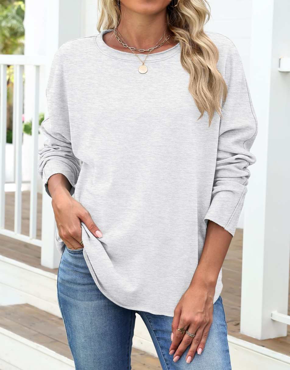 ANRABESS 2025 Fall Fashion Sweatshirt for Women Raw Edges Long Sleeve Shirts Crewneck Loose Fit Curve Hem Pullover Tops