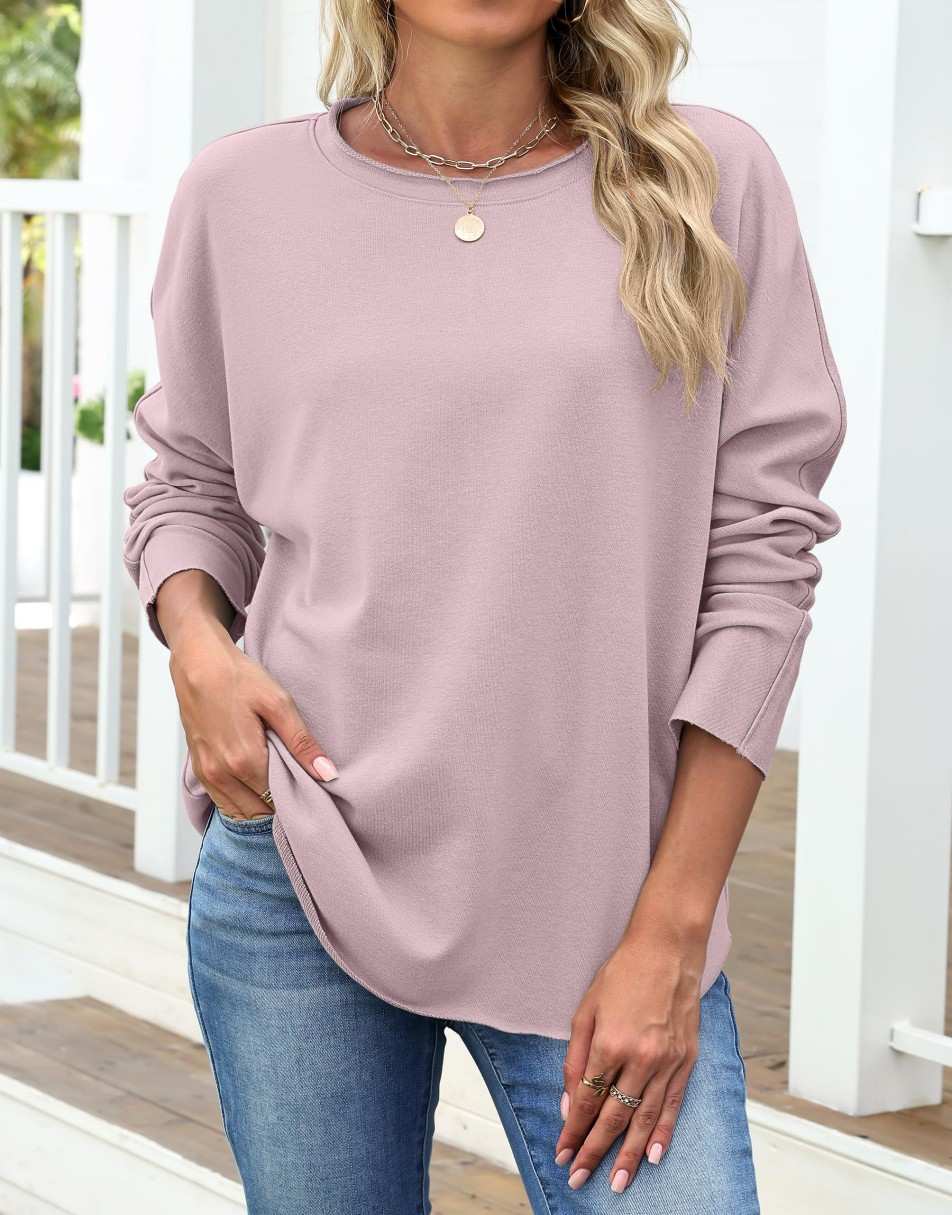 ANRABESS 2025 Fall Fashion Sweatshirt for Women Raw Edges Long Sleeve Shirts Crewneck Loose Fit Curve Hem Pullover Tops