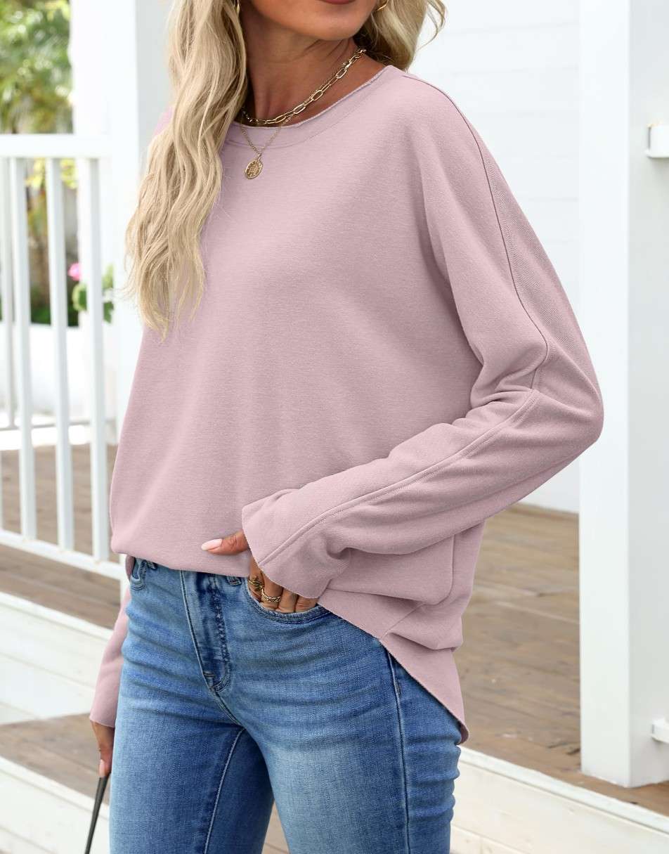ANRABESS 2025 Fall Fashion Sweatshirt for Women Raw Edges Long Sleeve Shirts Crewneck Loose Fit Curve Hem Pullover Tops