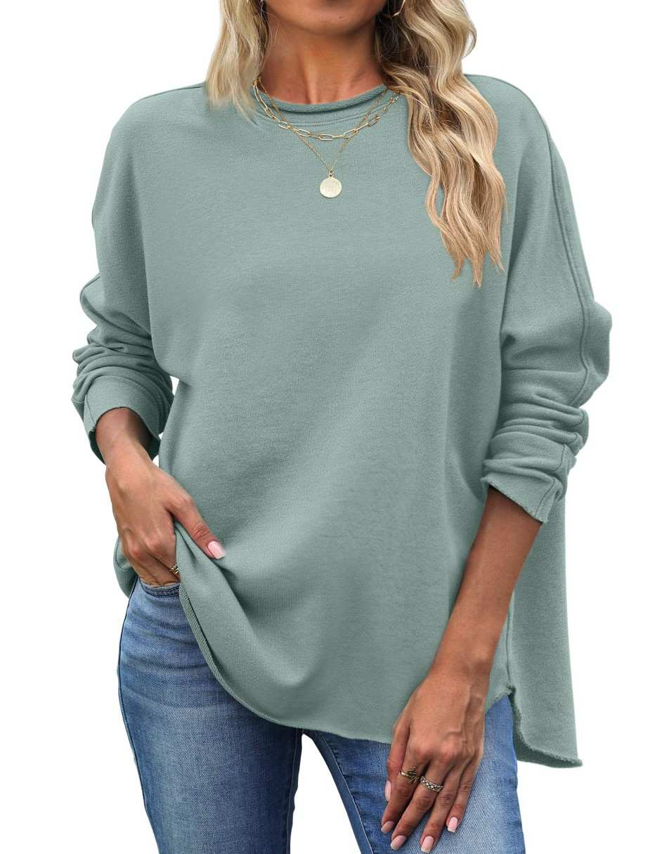 ANRABESS 2025 Fall Fashion Sweatshirt for Women Raw Edges Long Sleeve Shirts Crewneck Loose Fit Curve Hem Pullover Tops