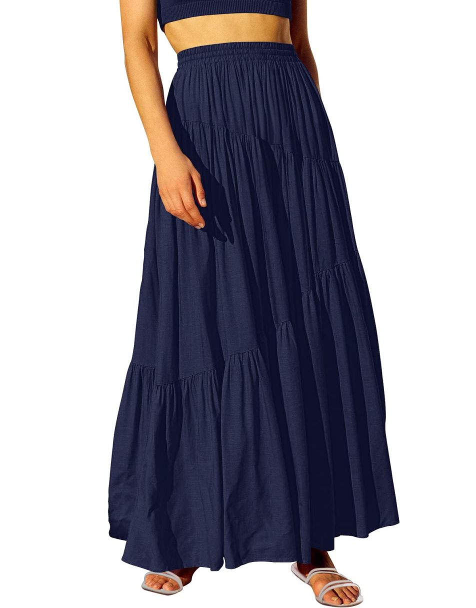 ANRABESS Boho Elastic High Waist Pleated A-Line Flowy Swing Asymmetric