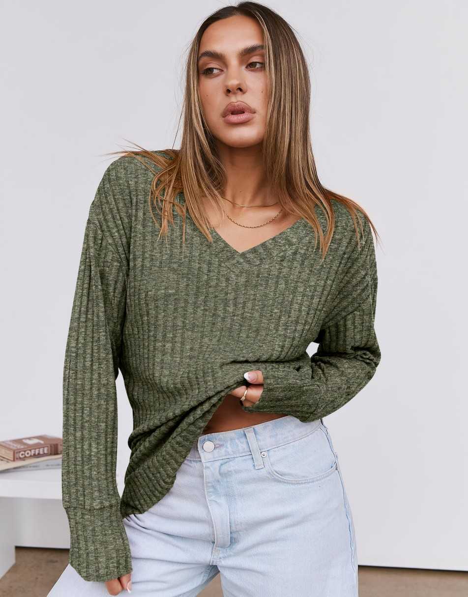 ANRABESS Long Sleeve Shirts for Women V Neck Casual Fall Tops Loose Fit Lightweight Sweaters Tunic Fashion 2024 Clothes