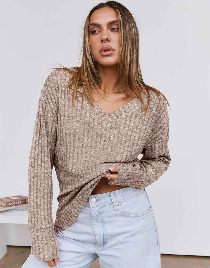 ANRABESS Long Sleeve Shirts for Women V Neck Casual Fall Tops Loose Fit Lightweight Sweaters Tunic Fashion 2024 Clothes