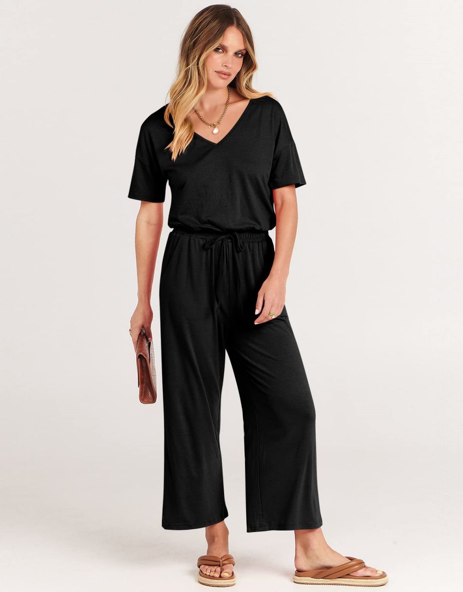 ANRABESS Short Sleeve V Neck Elastic Waist Wide Leg Cropped Pant Jumps