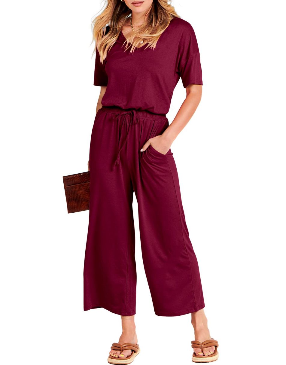 ANRABESS Short Sleeve V Neck Elastic Waist Wide Leg Cropped Pant Jumps