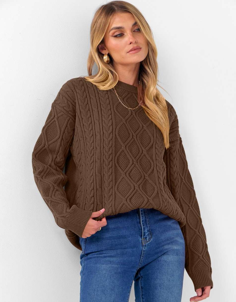 ANRABESS Sweaters for Women Long Sleeve Oversized Crewneck Cable Knit Vintage Heavy Sweater 2025 Fall Trendy Pullover Outfit