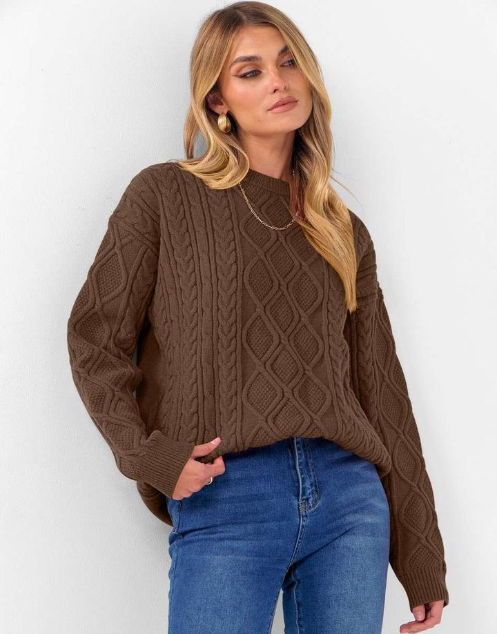 ANRABESS Sweaters for Women Long Sleeve Oversized Crewneck Cable Knit Vintage Heavy Sweater 2025 Fall Trendy Pullover Outfit