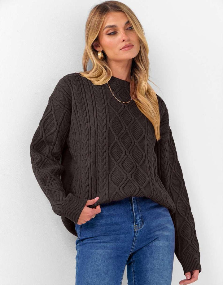 ANRABESS Sweaters for Women Long Sleeve Oversized Crewneck Cable Knit Vintage Heavy Sweater 2025 Fall Trendy Pullover Outfit