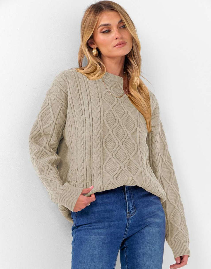 ANRABESS Sweaters for Women Long Sleeve Oversized Crewneck Cable Knit Vintage Heavy Sweater 2025 Fall Trendy Pullover Outfit