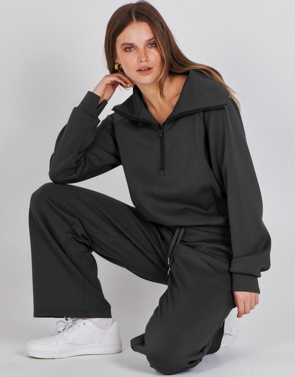ANRABESS Women 2 Piece Outfits Sweatsuit Set 2023 Fall Oversized Half Zip  Sweatshirt Wide Leg Sweatpant Lounge Set Tracksuit