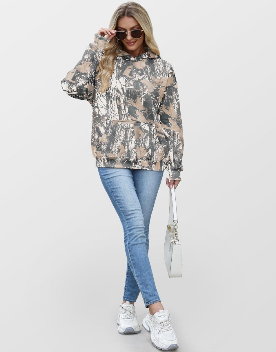 ANRABESS Women Camo Hoodies Long Sleeve Maple Leaf Print Fleece Oversized Casual Pullover Sweatshirt 2025 Fall Preppy Clothes