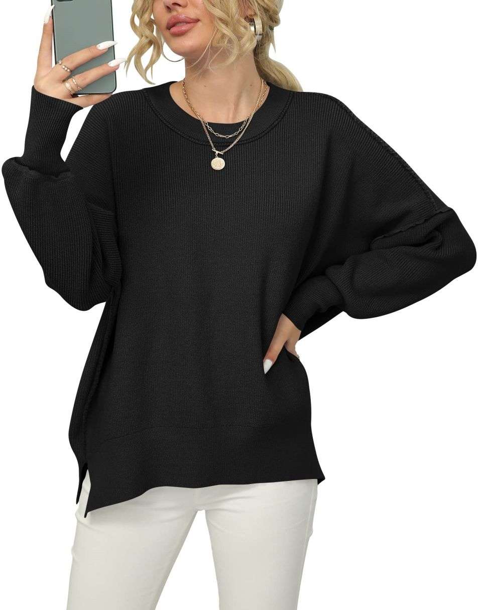 ANRABESS Women Crewneck Batwing Sleeve 2023 Fall Oversized Side Slit Ribbed Knit Pullover Sweater Top