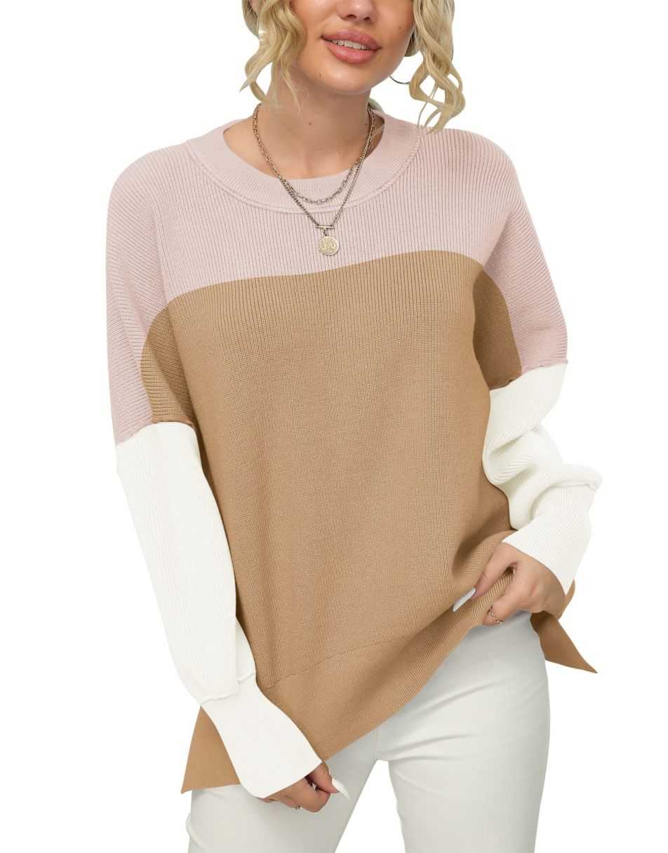 ANRABESS Women Crewneck Batwing Sleeve 2023 Fall Oversized Side Slit Ribbed Knit Pullover Sweater Top