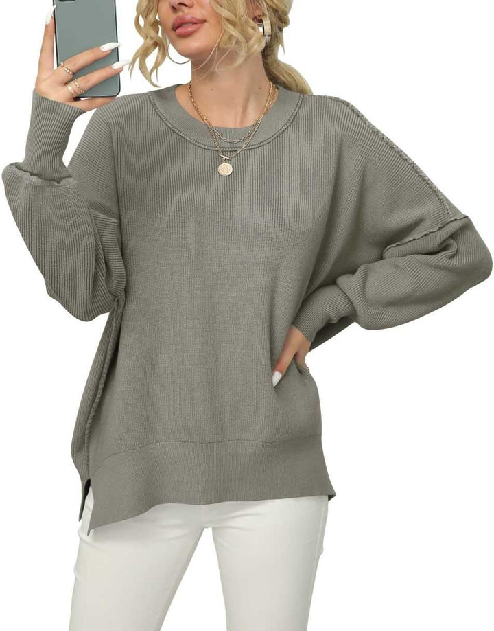 ANRABESS Women Crewneck Batwing Sleeve 2023 Fall Oversized Side Slit Ribbed Knit Pullover Sweater Top