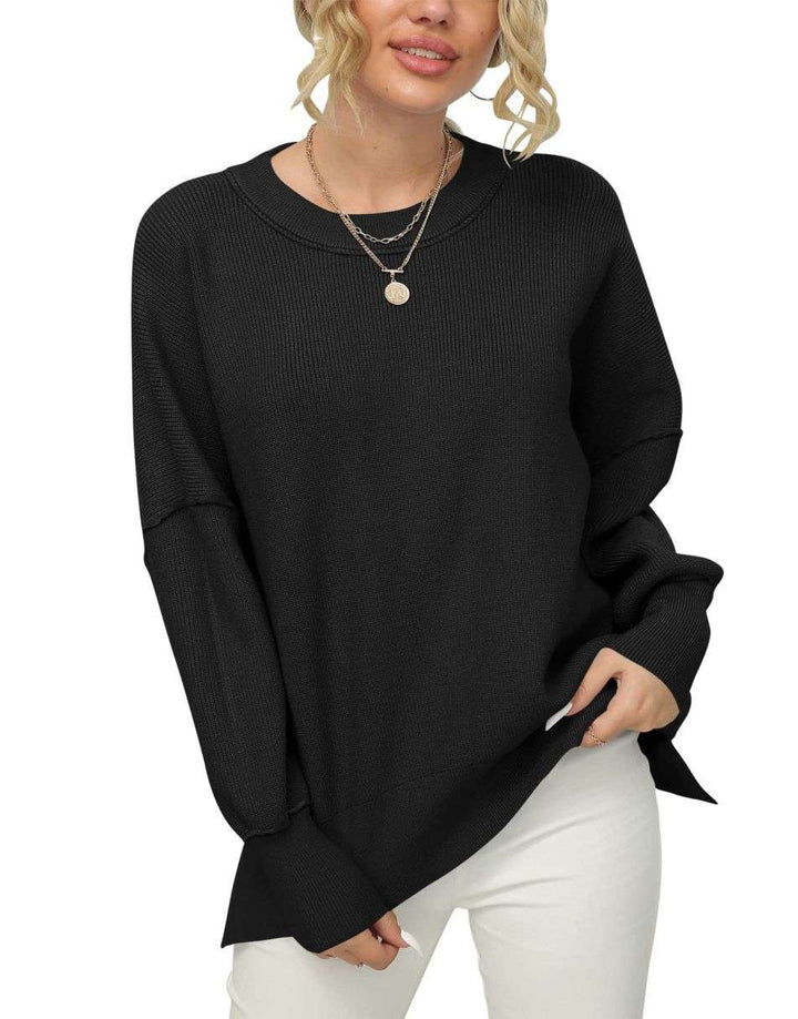 ANRABESS Women Crewneck Batwing Sleeve 2023 Fall Oversized Side Slit Ribbed Knit Pullover Sweater Top