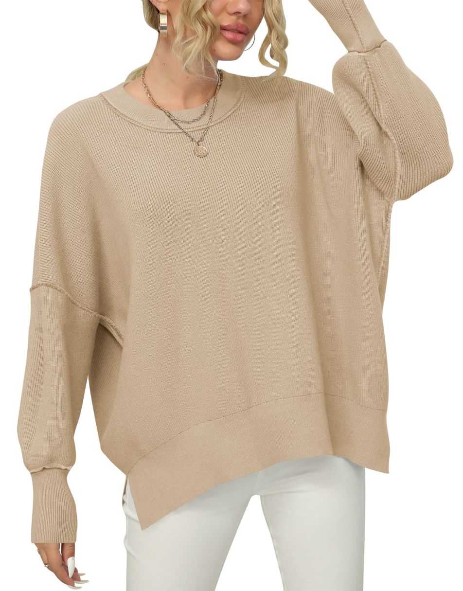 ANRABESS Women Crewneck Batwing Sleeve 2023 Fall Oversized Side Slit Ribbed Knit Pullover Sweater Top