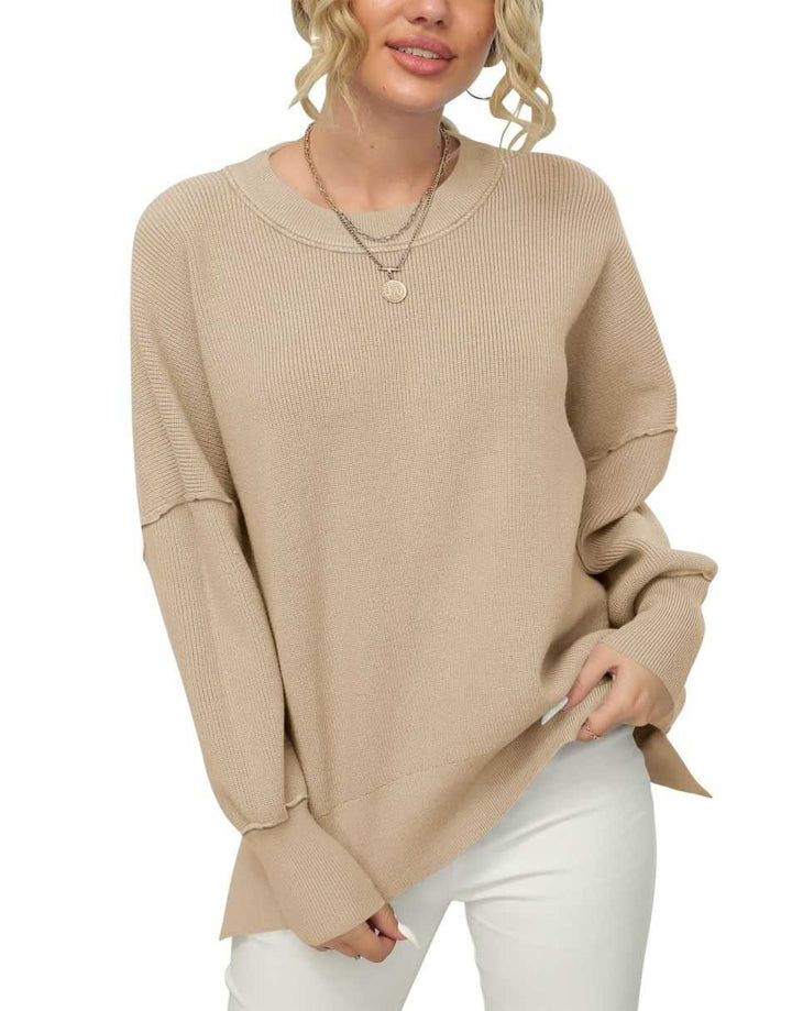 ANRABESS Women Crewneck Batwing Sleeve 2023 Fall Oversized Side Slit Ribbed Knit Pullover Sweater Top