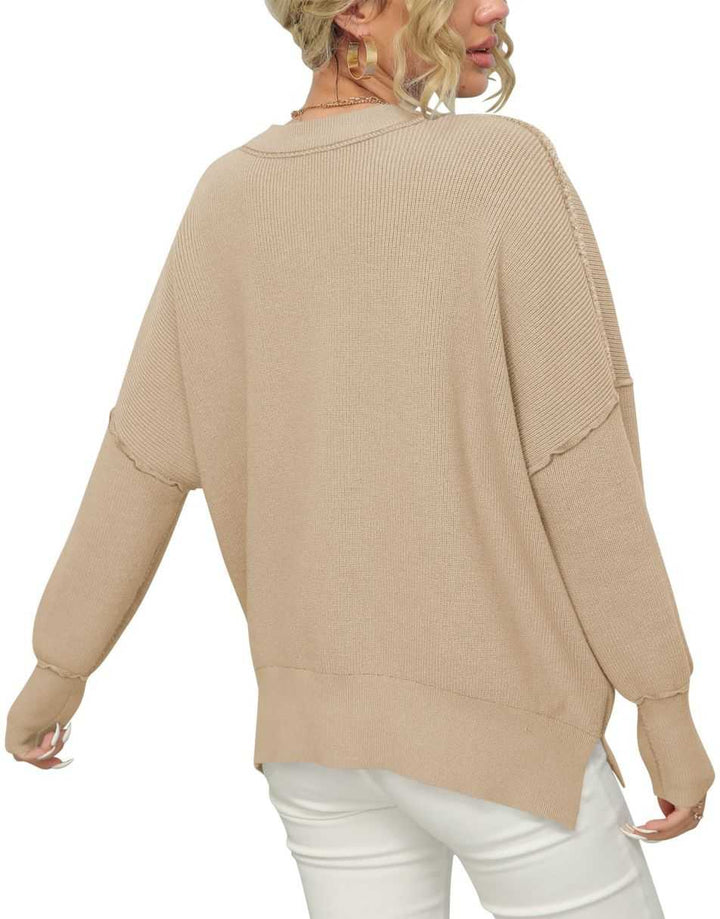 ANRABESS Women Crewneck Batwing Sleeve 2023 Fall Oversized Side Slit Ribbed Knit Pullover Sweater Top