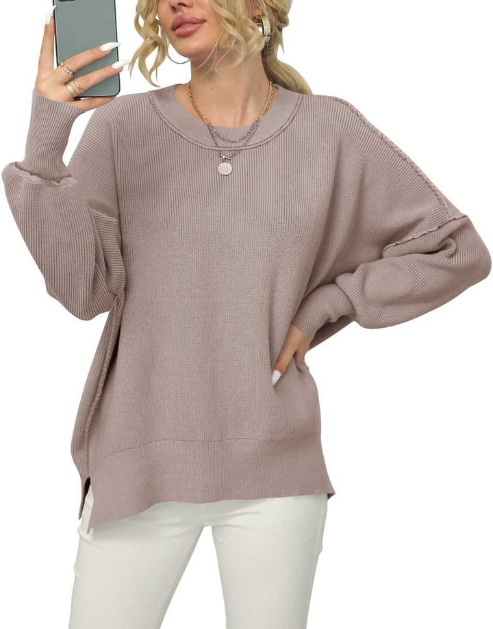 ANRABESS Women Crewneck Batwing Sleeve 2023 Fall Oversized Side Slit Ribbed Knit Pullover Sweater Top