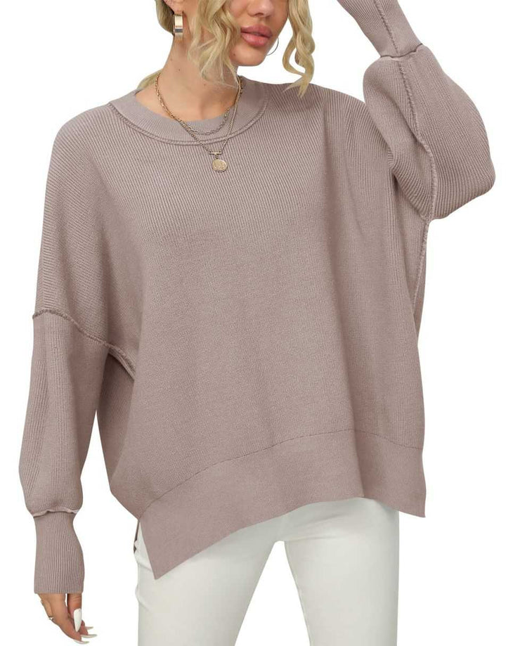 ANRABESS Women Crewneck Batwing Sleeve 2023 Fall Oversized Side Slit Ribbed Knit Pullover Sweater Top