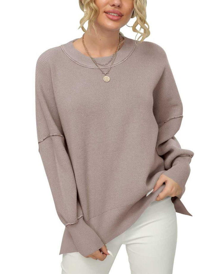 ANRABESS Women Crewneck Batwing Sleeve 2023 Fall Oversized Side Slit Ribbed Knit Pullover Sweater Top