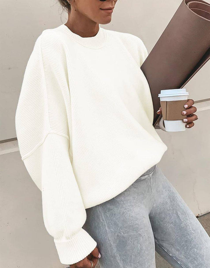 ANRABESS Women Crewneck Batwing Sleeve 2023 Fall Oversized Side Slit Ribbed Knit Pullover Sweater Top