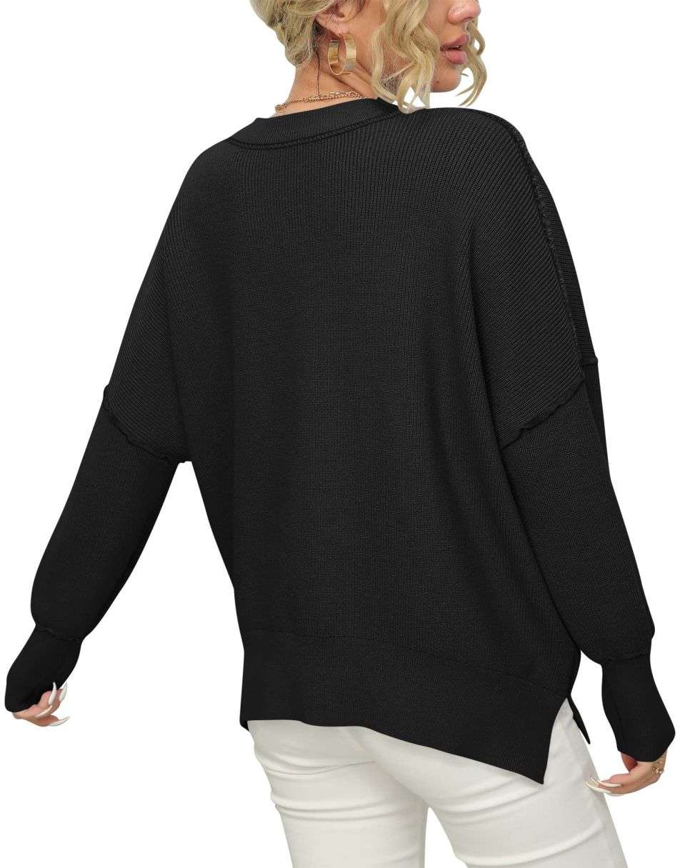 ANRABESS Women Crewneck Batwing Sleeve 2023 Fall Oversized Side Slit Ribbed Knit Pullover Sweater Top