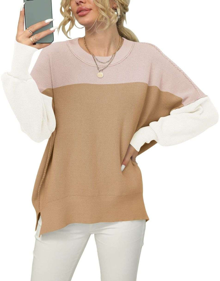 ANRABESS Women Crewneck Batwing Sleeve 2023 Fall Oversized Side Slit Ribbed Knit Pullover Sweater Top