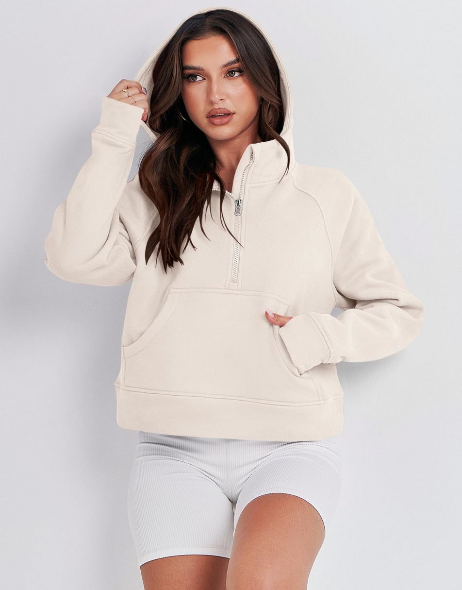 Women's Sweatshirt Half Zip Cropped Solid Color Pullover Quarter Zip Hoodie  Fall Clothing Clothes Thumbholes with Pockets