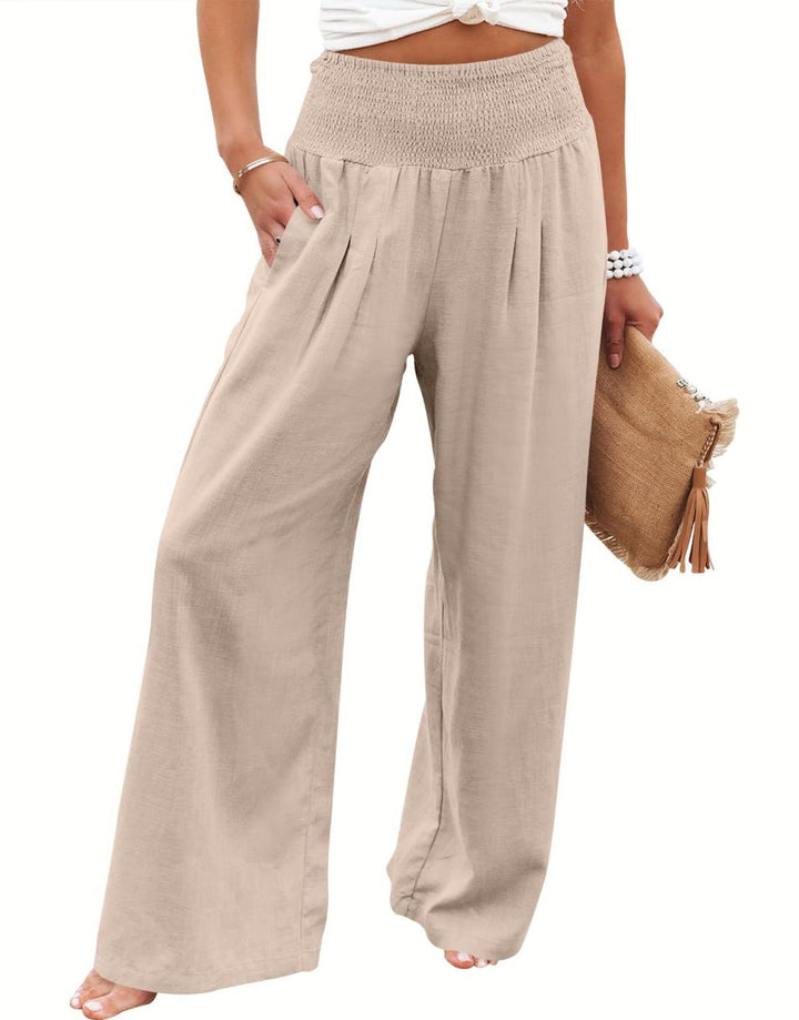 ANRABESS Women Linen Palazzo Pants Summer Boho Wide Leg High Waist Casual Lounge Pant Trousers with Pocket