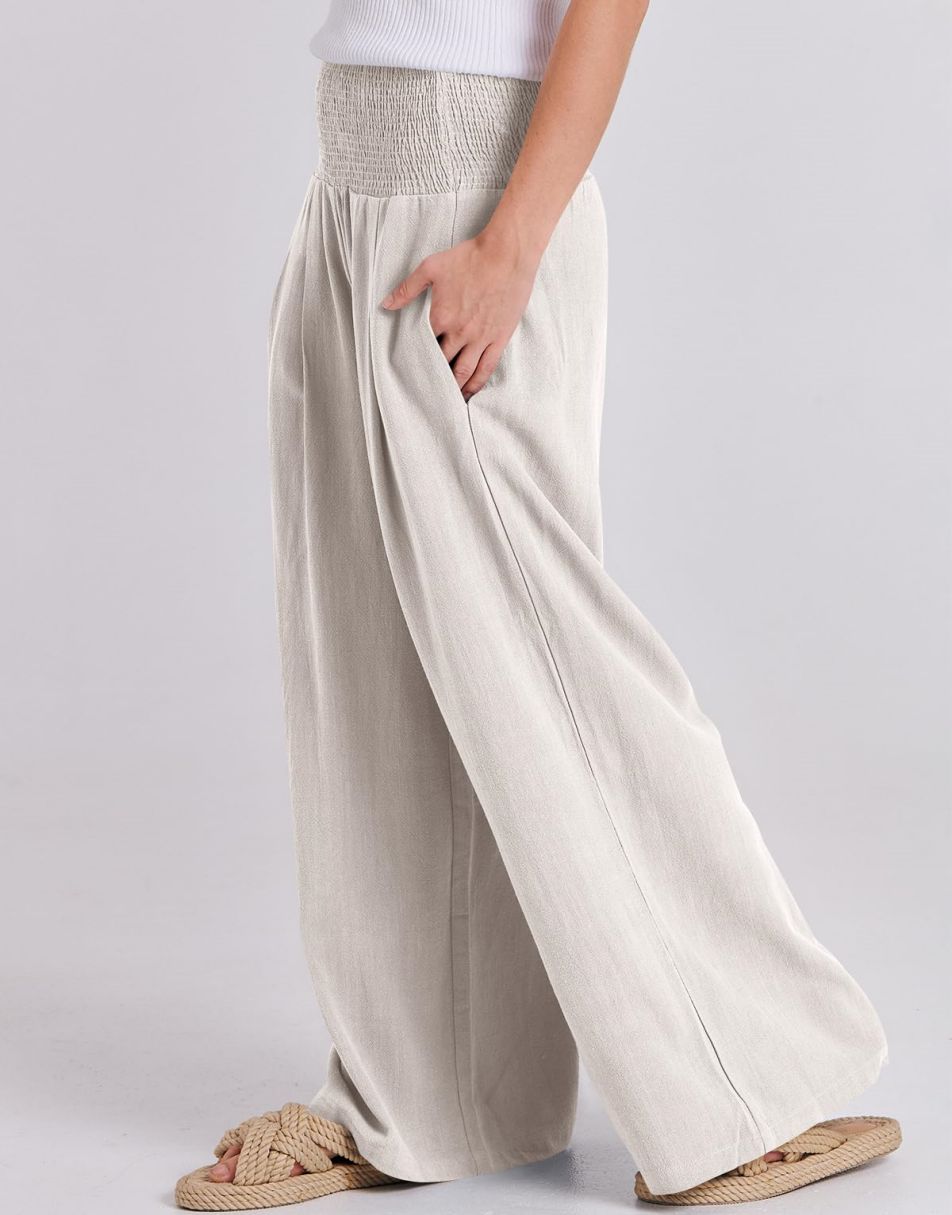 ANRABESS Women Linen Palazzo Pants Summer Boho Wide Leg High Waist Casual Lounge Pant Trousers with Pocket