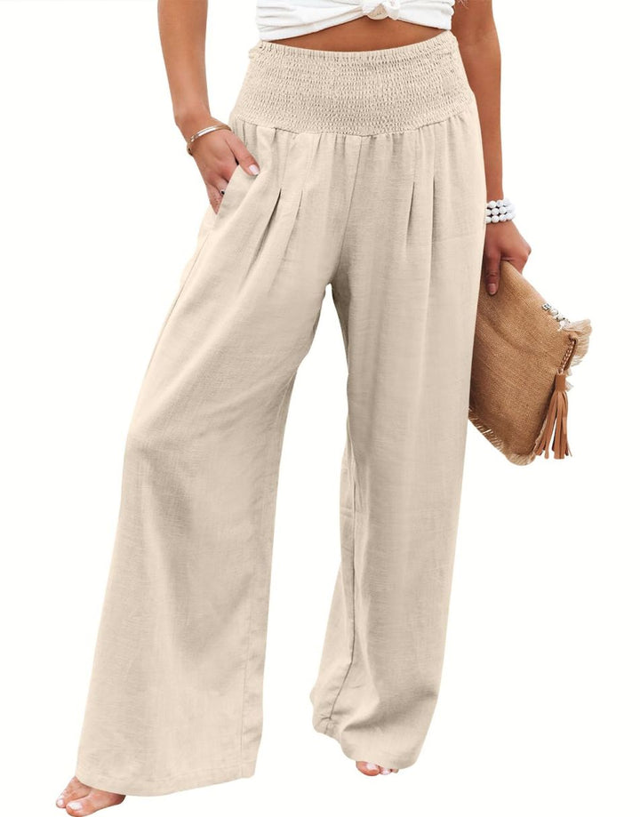 ANRABESS Women Linen Palazzo Pants Summer Boho Wide Leg High Waist Casual Lounge Pant Trousers with Pocket