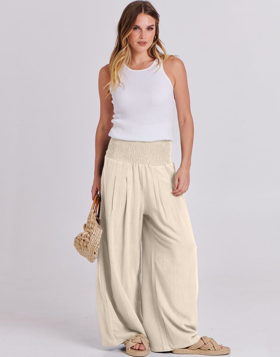 ANRABESS Women Linen Palazzo Pants Summer Boho Wide Leg High Waist Casual Lounge Pant Trousers with Pocket