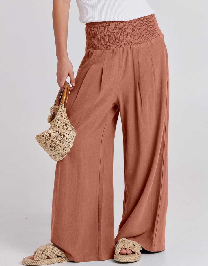 ANRABESS Women Linen Palazzo Pants Summer Boho Wide Leg High Waist Casual Lounge Pant Trousers with Pocket