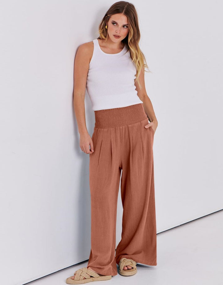 ANRABESS Women Linen Palazzo Pants Summer Boho Wide Leg High Waist Casual Lounge Pant Trousers with Pocket