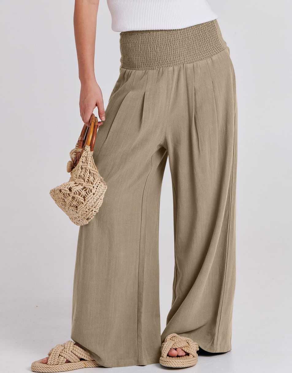 ANRABESS Women Linen Palazzo Pants Summer Boho Wide Leg High Waist Casual Lounge Pant Trousers with Pocket