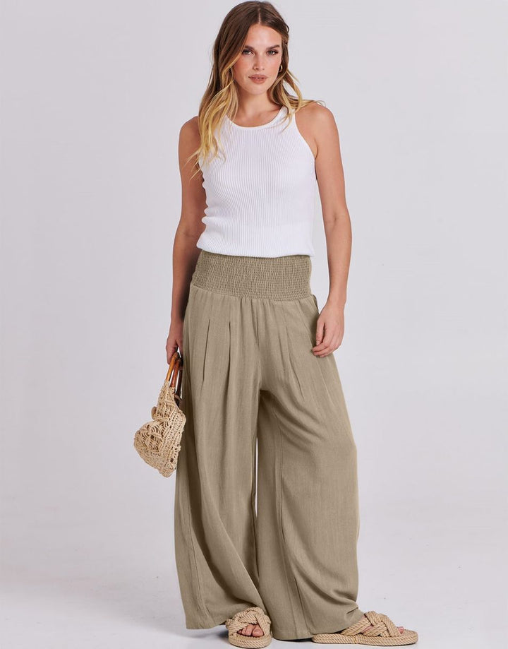 ANRABESS Women Linen Palazzo Pants Summer Boho Wide Leg High Waist Casual Lounge Pant Trousers with Pocket