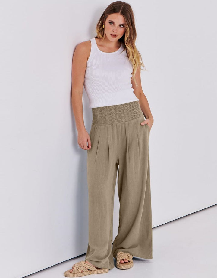 ANRABESS Women Linen Palazzo Pants Summer Boho Wide Leg High Waist Casual Lounge Pant Trousers with Pocket