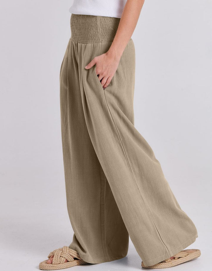 ANRABESS Women Linen Palazzo Pants Summer Boho Wide Leg High Waist Casual Lounge Pant Trousers with Pocket