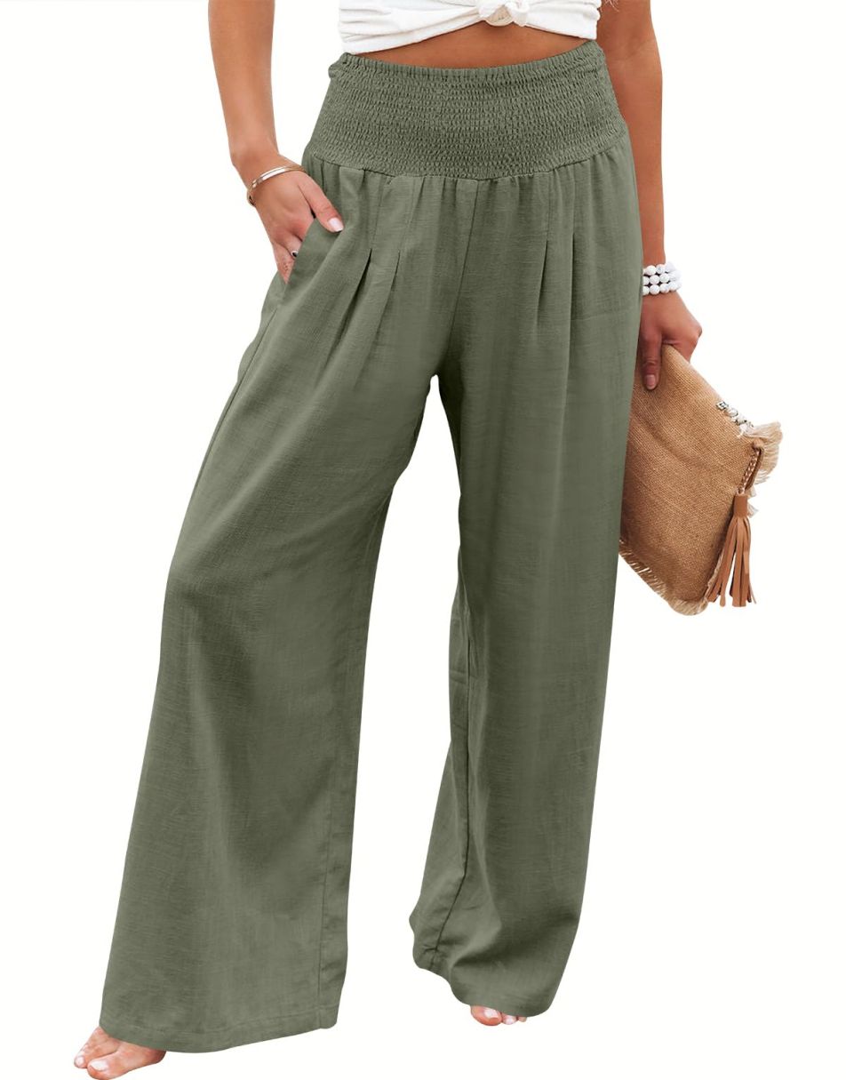 ANRABESS Women Linen Palazzo Pants Summer Boho Wide Leg High Waist Casual Lounge Pant Trousers with Pocket