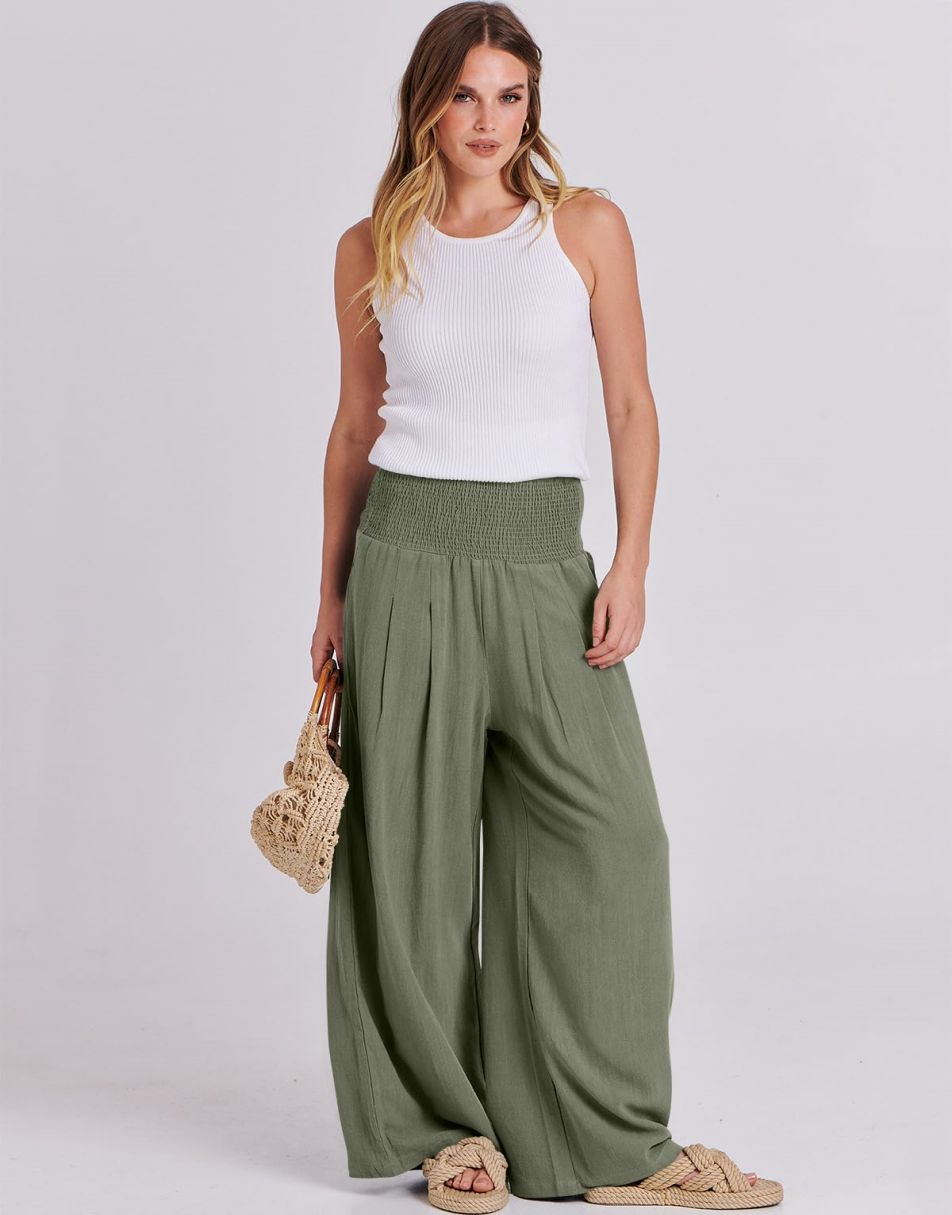 ANRABESS Women Linen Palazzo Pants Summer Boho Wide Leg High Waist Casual Lounge Pant Trousers with Pocket