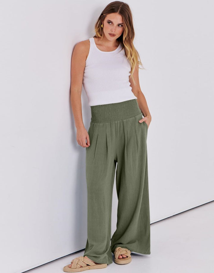 ANRABESS Women Linen Palazzo Pants Summer Boho Wide Leg High Waist Casual Lounge Pant Trousers with Pocket