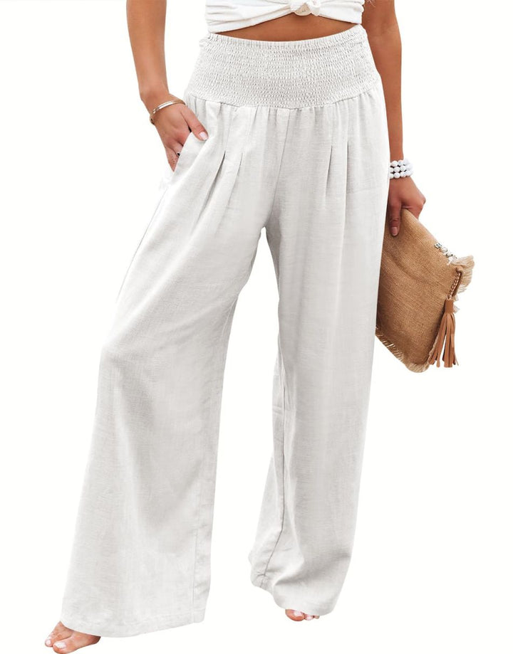 ANRABESS Women Linen Palazzo Pants Summer Boho Wide Leg High Waist Casual Lounge Pant Trousers with Pocket